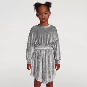 Balmain Girls Casual Velour Long-Sleeve Silver Waistband Dress Kids Size:13A